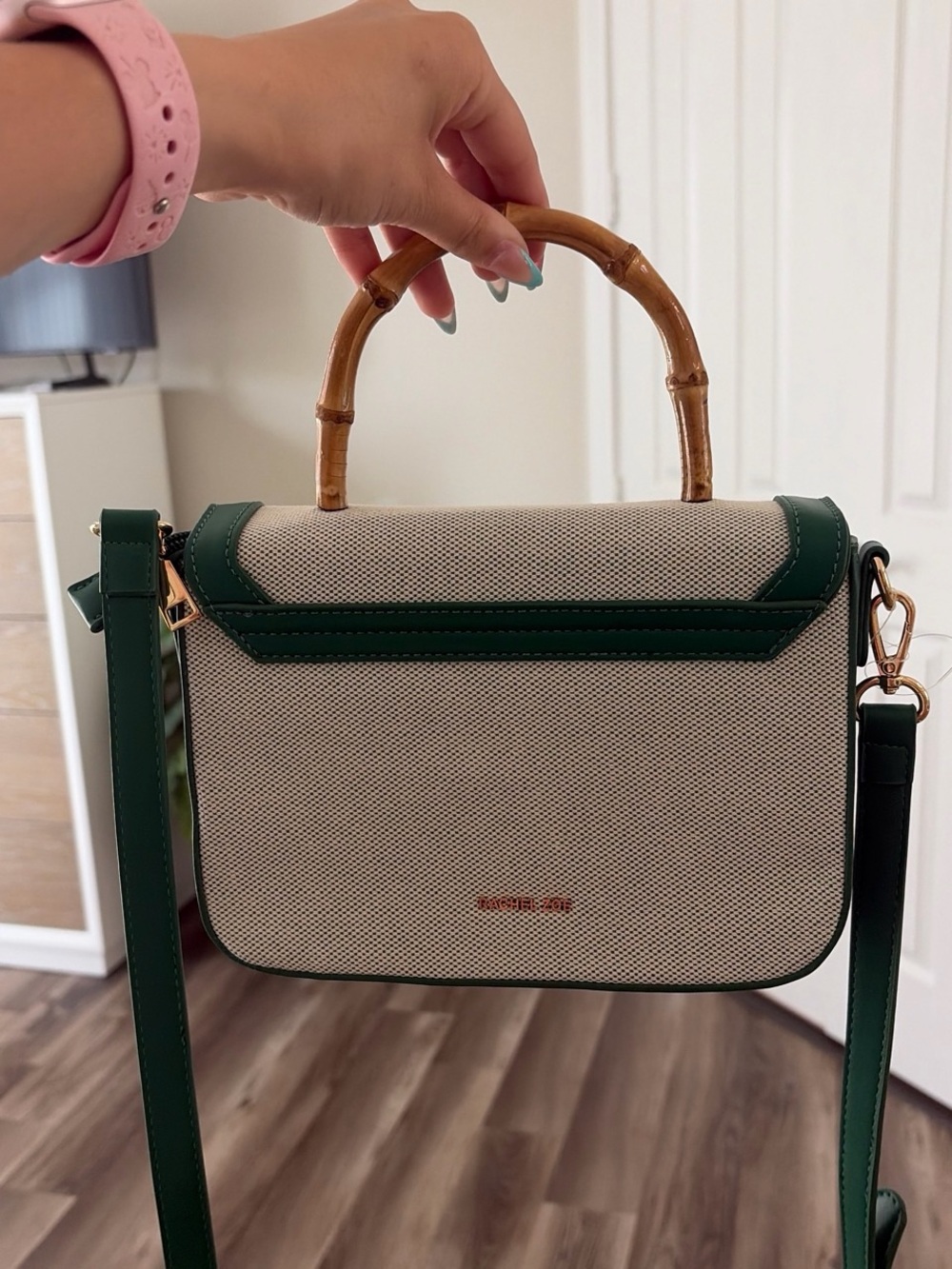 Rachel Zoe Canvas Crossbody with Bamboo Top Handle in Green and Cream